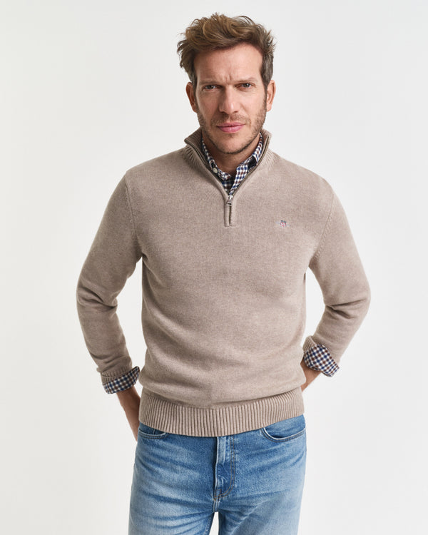 Sweter męski z zamkiem do połowy regular fit beżowy