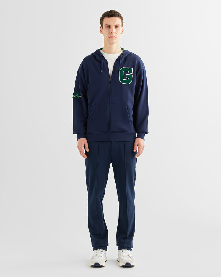 Bawełniana bluza męska z nadrukiem z zamkiem relaxed fit granatowa