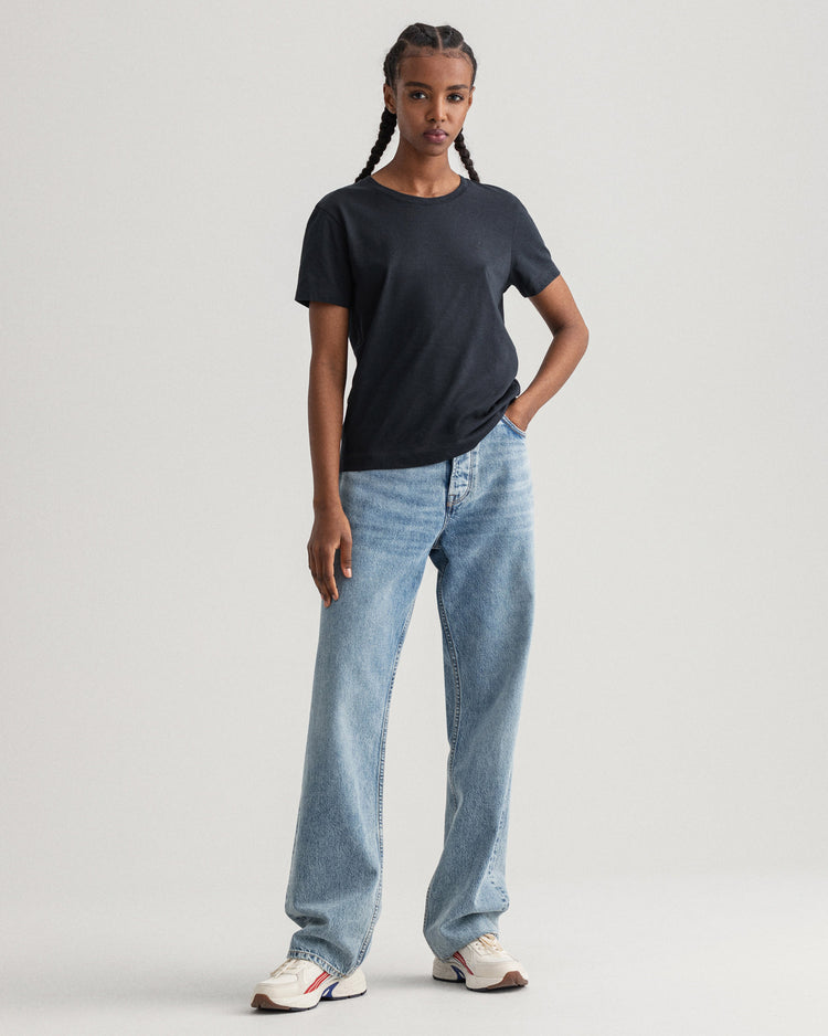 Damska czarna koszulka z okrągłym dekoltem