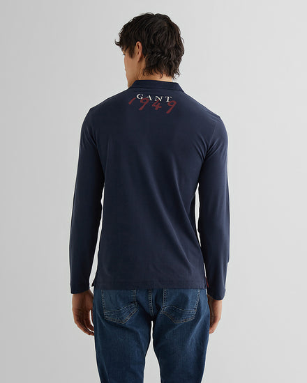 Polo męska z nadrukiem z długim rękawem regular fit granatowa