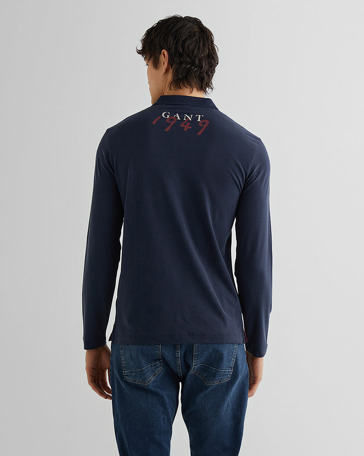 Polo męska z nadrukiem z długim rękawem regular fit granatowa