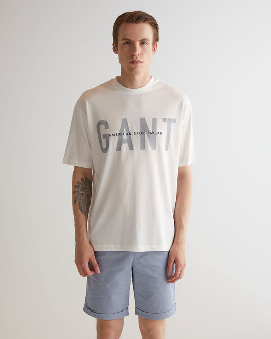 T-shirt męski z okrągłym kołnierzykiem i nadrukiem oversize fit kremowy