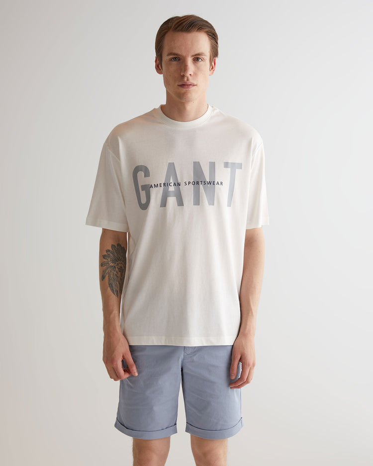 T-shirt męski z okrągłym kołnierzykiem i nadrukiem oversize fit kremowy