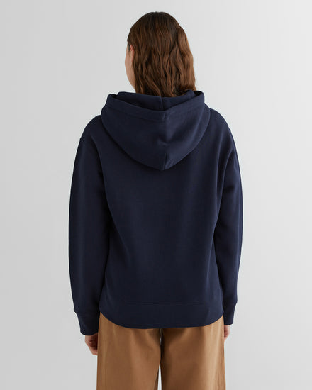 Bawełniana bluza damska z nadrukiem z kapturem loose fit granatowa