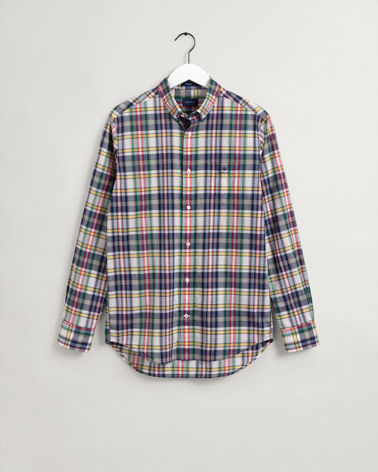 Męska beżowa koszula w kratę z kołnierzykiem button-down o regularnym kroju