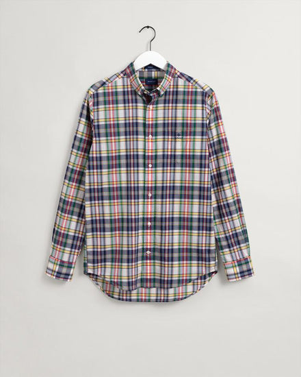 Męska beżowa koszula w kratę z kołnierzykiem button-down o regularnym kroju