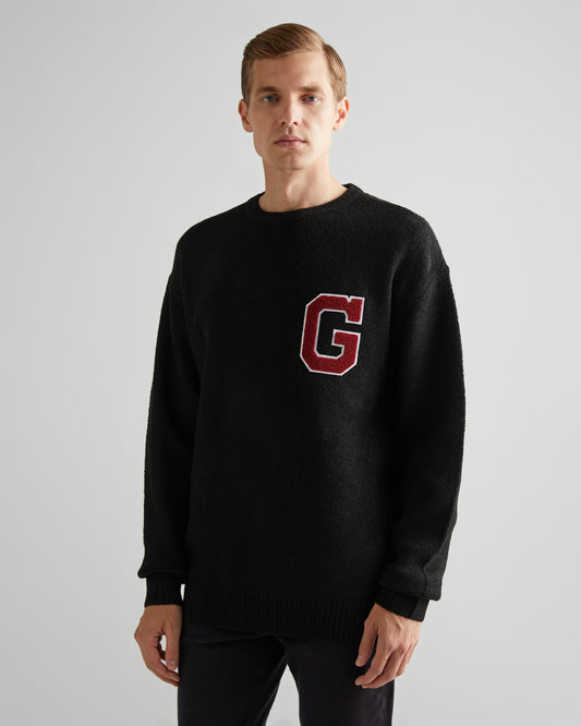 Sweter męski z nadrukiem okrągły kołnierzyk relaxed fit czarny