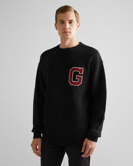 Sweter męski z nadrukiem okrągły kołnierzyk relaxed fit czarny