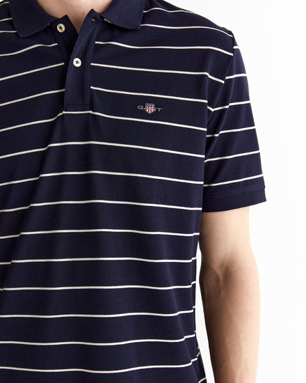 Polo męskie w paski z krótkim rękawem regular fit granatowe