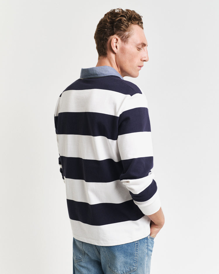 Koszulka polo męska w paski z długim rękawem regular fit biała