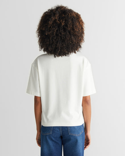 Koszulka damska z nadrukiem okrągły kołnierzyk relaxed fit kremowa