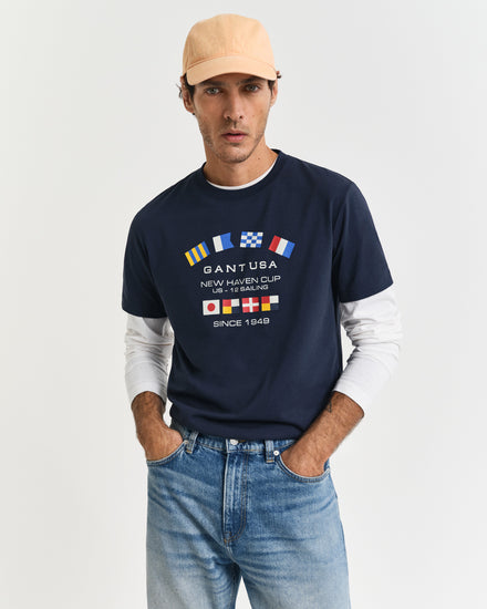 T-shirt męski z nadrukiem okrągły kołnierzyk regular fit granatowy