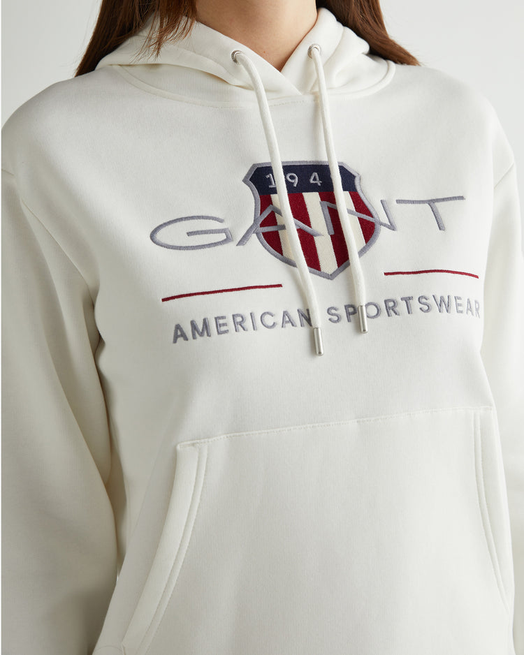 Bluza damska z nadrukiem z kapturem relaxed fit kremowa