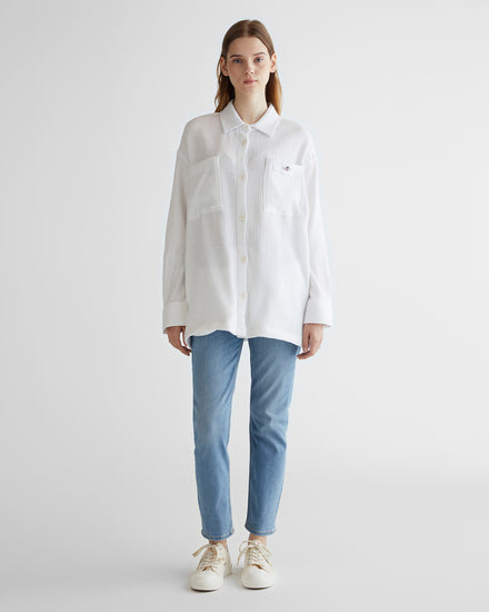 Koszula damska w paski z długim rękawem oversize fit biała