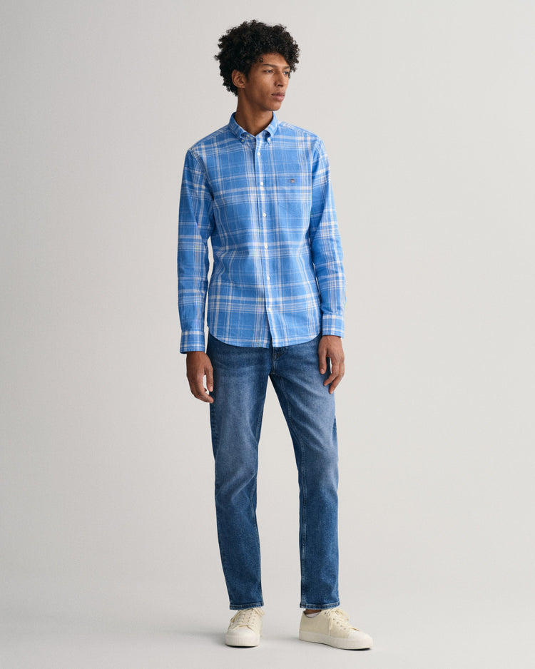 Koszula męska w kratkę z długim rękawem regular fit niebieska