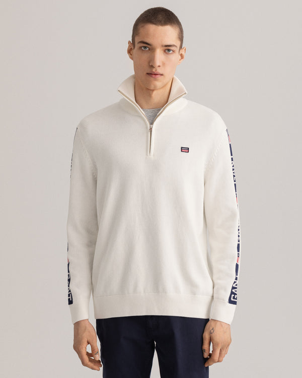 Męski biały sweter regular fit half-zip z logo