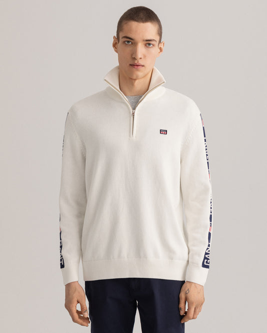 Męski biały sweter regular fit half-zip z logo