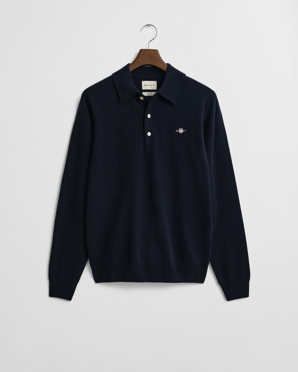 Sweter męski polo z długim rękawem regular fit granatowy