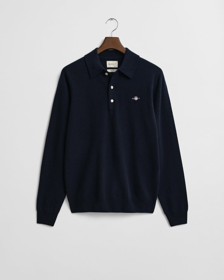 Sweter męski polo z długim rękawem regular fit granatowy