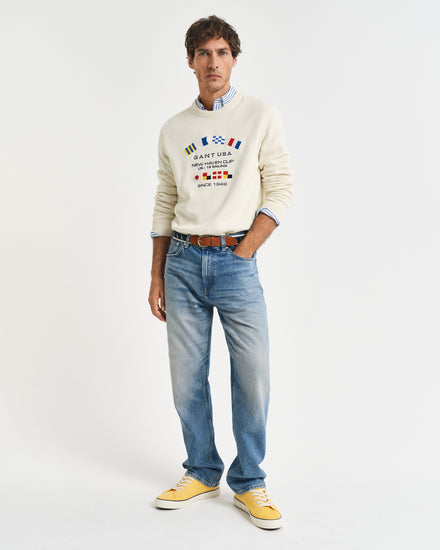 Sweter męski z okrągłym kołnierzykiem regular fit kremowy