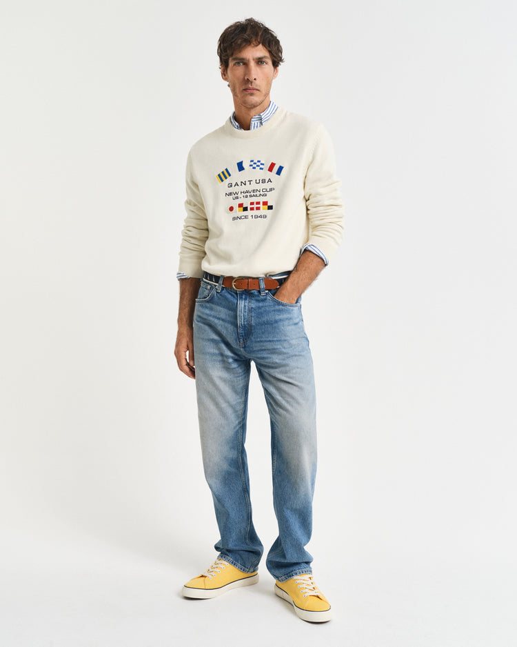 Sweter męski z okrągłym kołnierzykiem regular fit kremowy