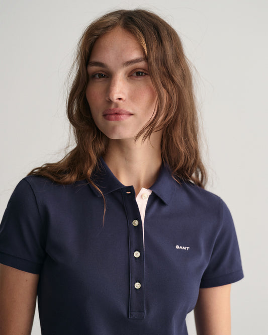 Polo damska z nadrukiem z krótkim rękawem slim fit granatowa