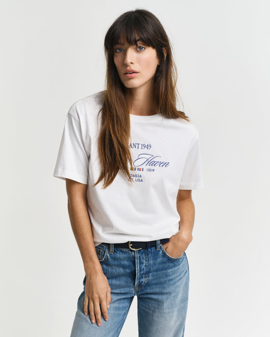 Koszulka damska z nadrukiem i okrągłym kołnierzykiem relaxed fit