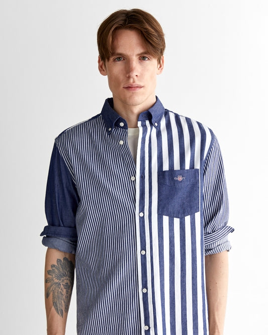 Męska niebieska koszula regular fit z kołnierzykiem na guziki w paski