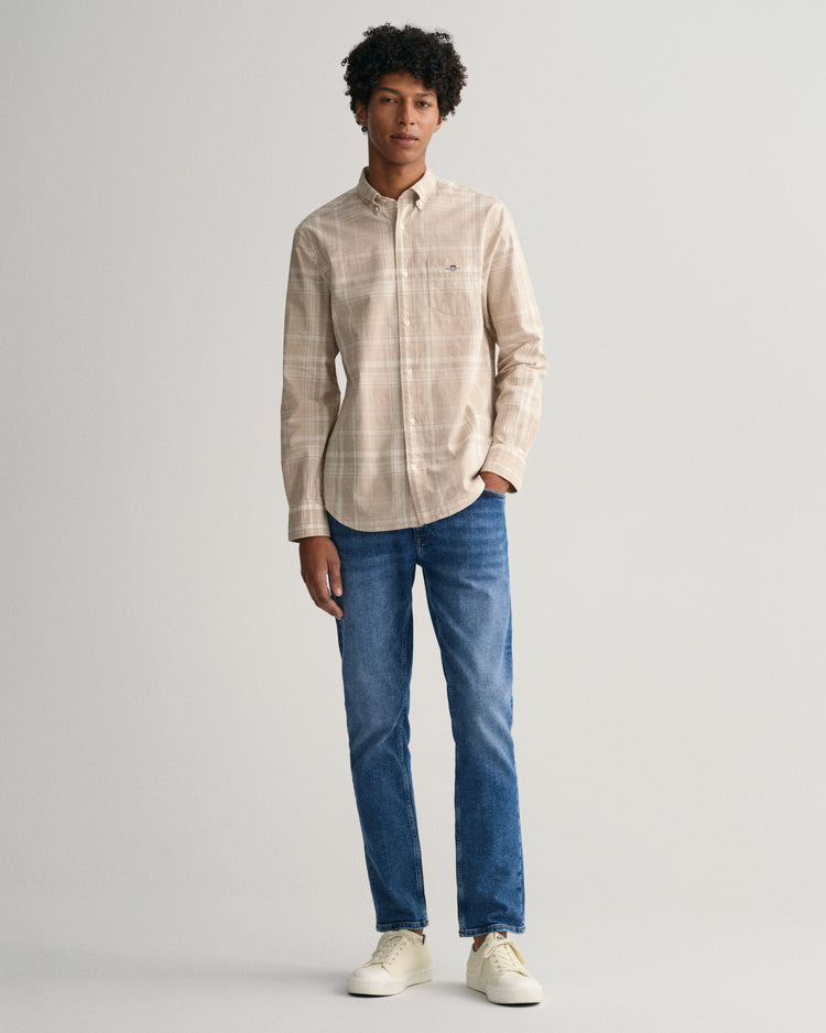 Koszula męska w kratkę z długim rękawem regular fit beżowa