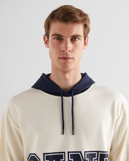 Bawełniana bluza męska z kapturem z nadrukiem regular fit kremowa