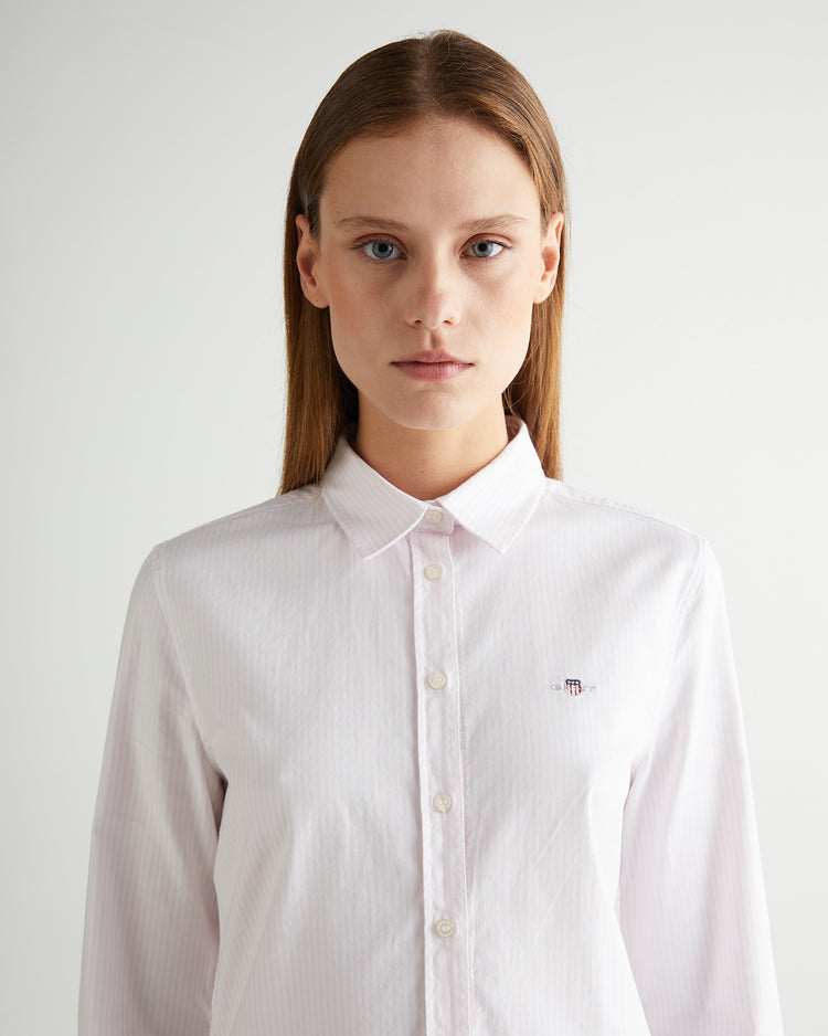 Koszula damska w paski z długim rękawem slim fit różowa