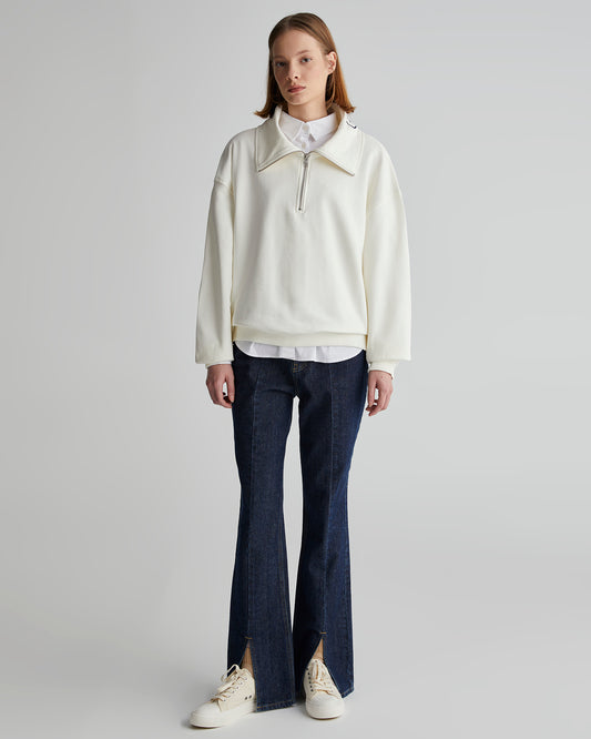 Bawełniana bluza damska z zamkiem do połowy oversize fit kremowa