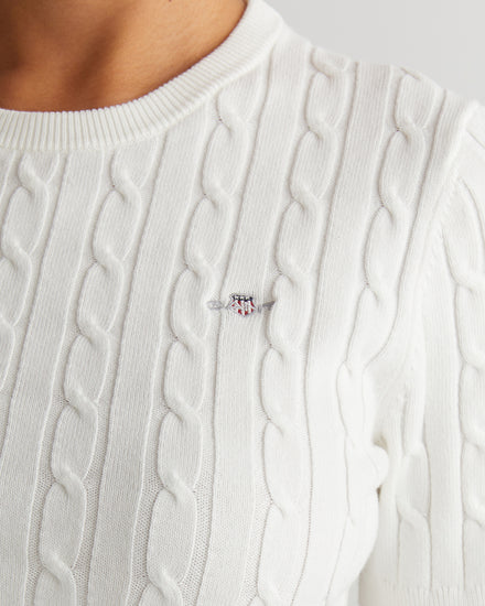 Sweter damski okrągły kołnierzyk z krótkim rękawem slim fit biały