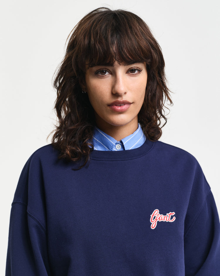 Damska granatowa bluza z graficznym napisem i okrągłym dekoltem