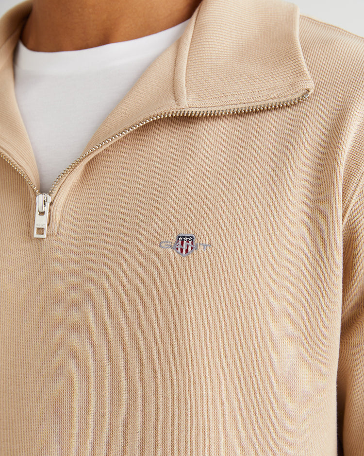 Bawełniana bluza męska z zamkiem do połowy regular fit beżowa