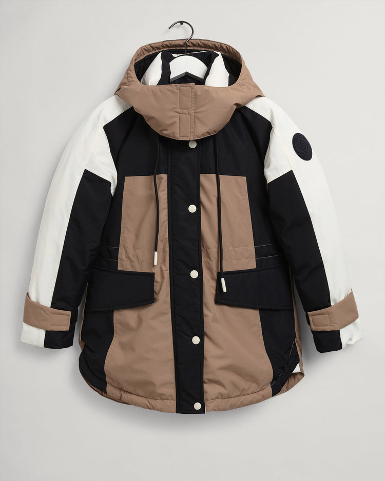 Parka damska puchowa kolorowa w kolorowe bloki