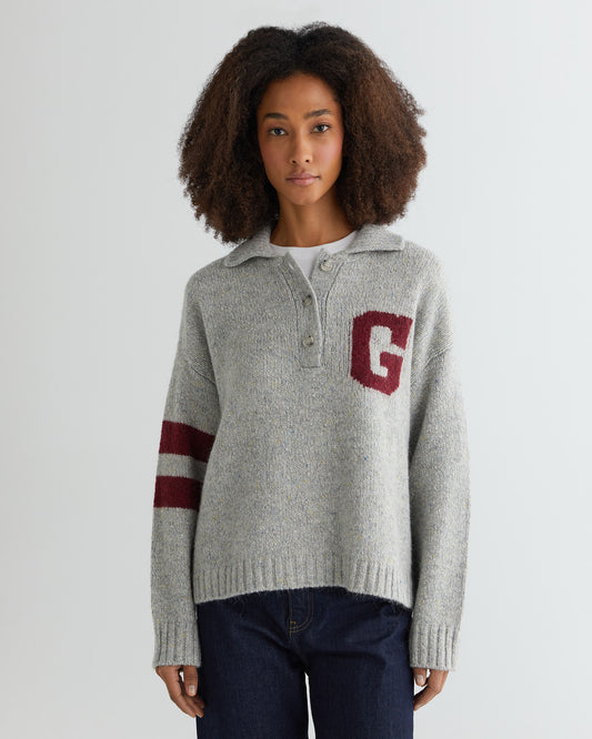 Sweter damski z nadrukiem z kołnierzem koszulowym oversize fit szary