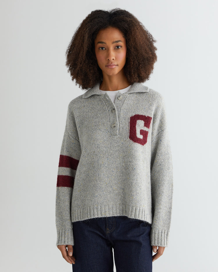 Sweter damski z nadrukiem z kołnierzem koszulowym oversize fit szary