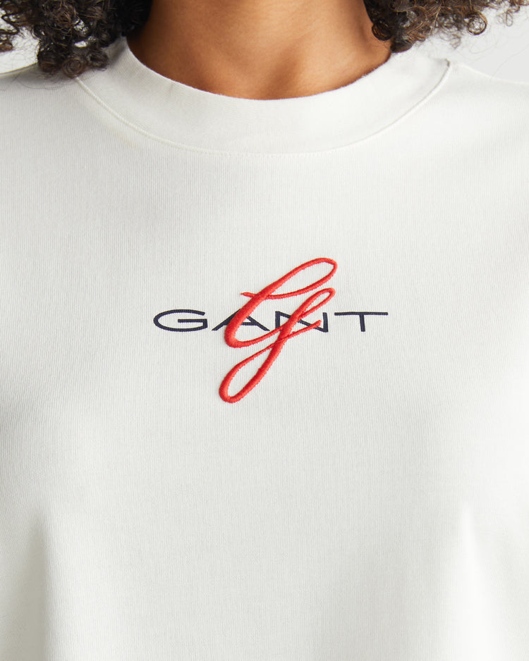 Koszulka damska z nadrukiem okrągły kołnierzyk relaxed fit kremowa