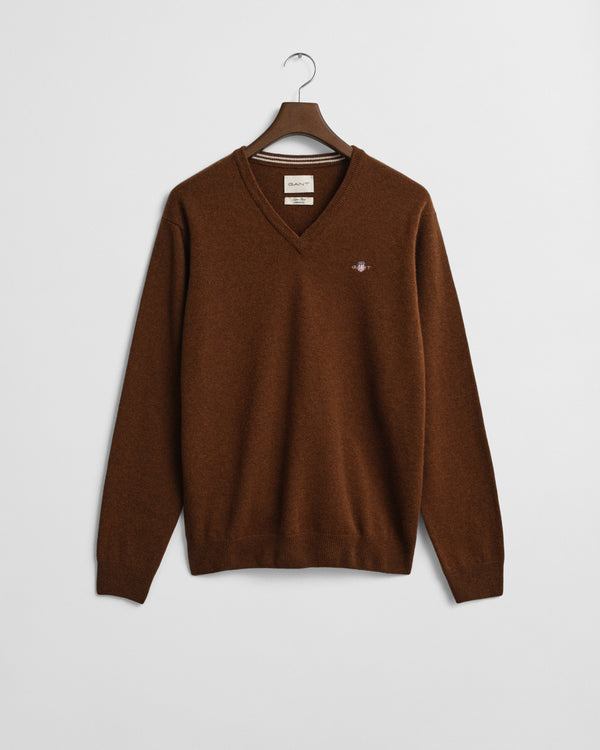 Wełniany sweter męski z dekoltem V regular fit brązowy