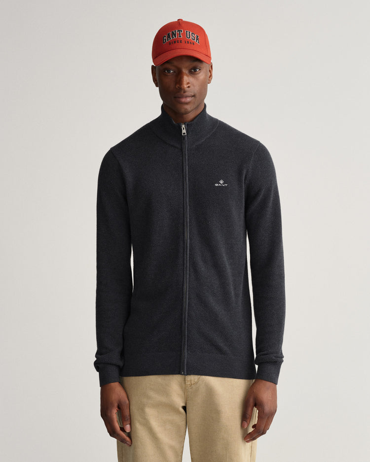 Męski cardigan z piki bawełnianej z zamkiem błyskawicznym