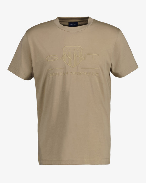 Bawełniany t-shirt męski okrągły kołnierzyk regular fit beżowy