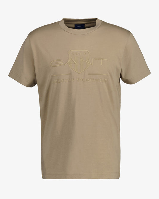 Bawełniany t-shirt męski okrągły kołnierzyk regular fit beżowy