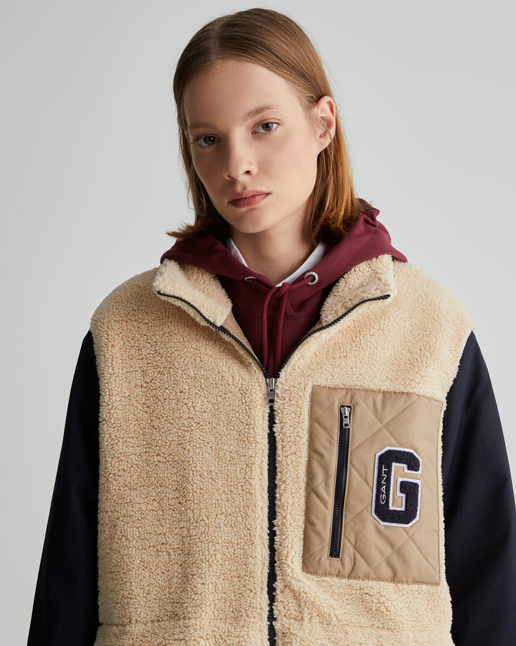 Kurtka damska z nadrukiem z kołnierzem ze stójką regular fit beżowa