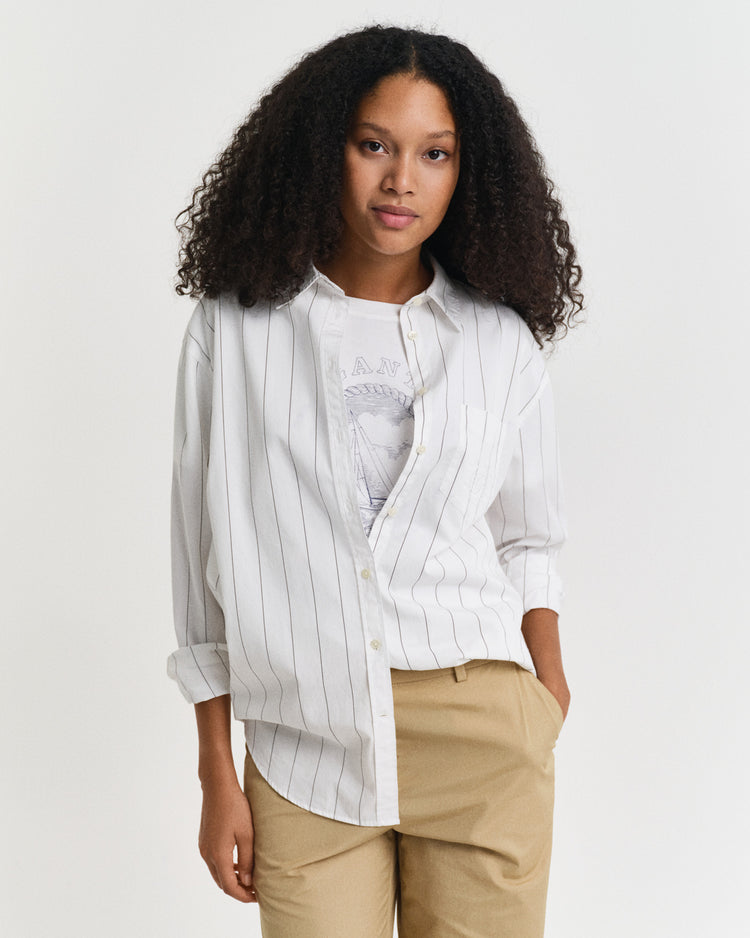 Koszula damska w paski z długim rękawem relaxed fit biała