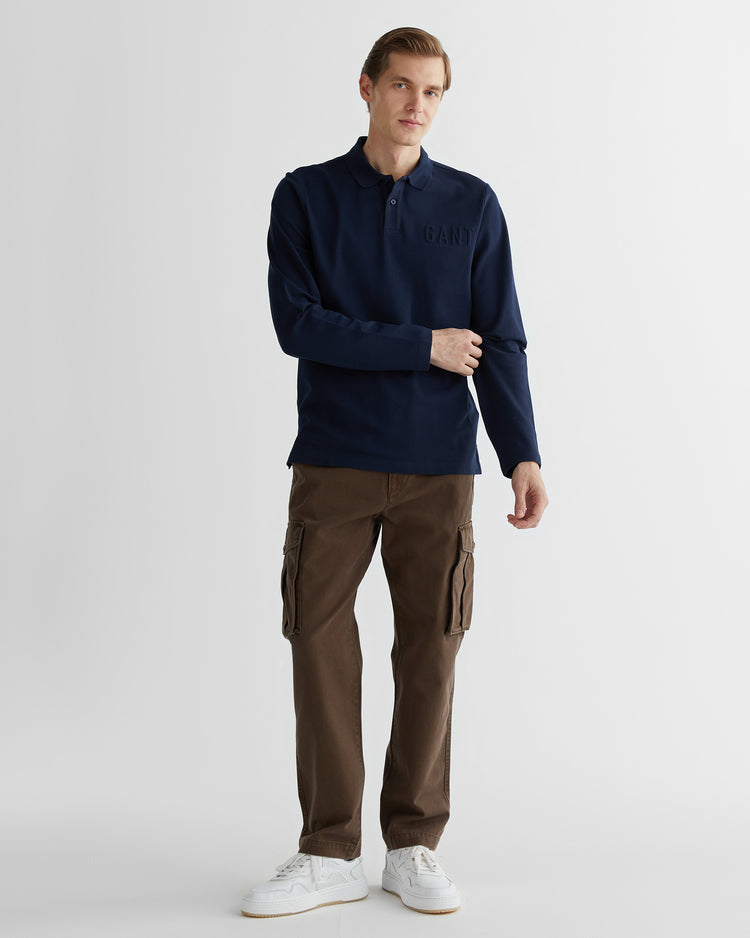 Polo męskie z nadrukiem z długim rękawem regular fit granatowe