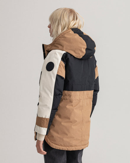 Parka damska puchowa kolorowa w kolorowe bloki