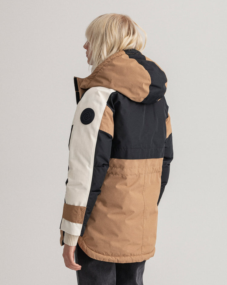 Parka damska puchowa kolorowa w kolorowe bloki