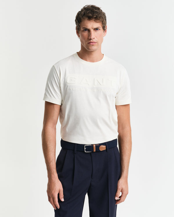 T-shirt męski z nadrukiem okrągły kołnierzyk regular fit kremowy