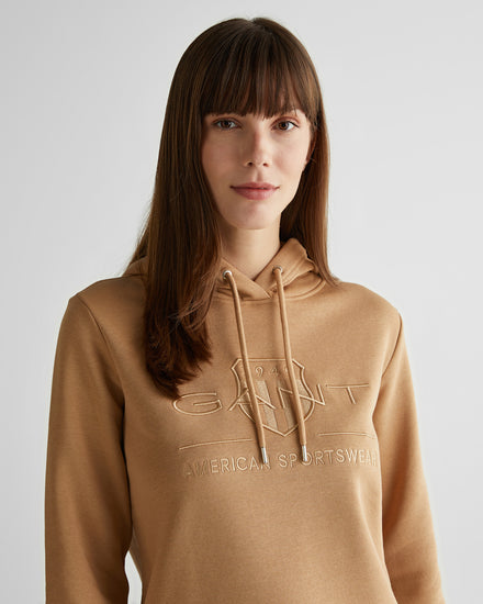 Bluza damska z nadrukiem z kapturem regular fit brązowa